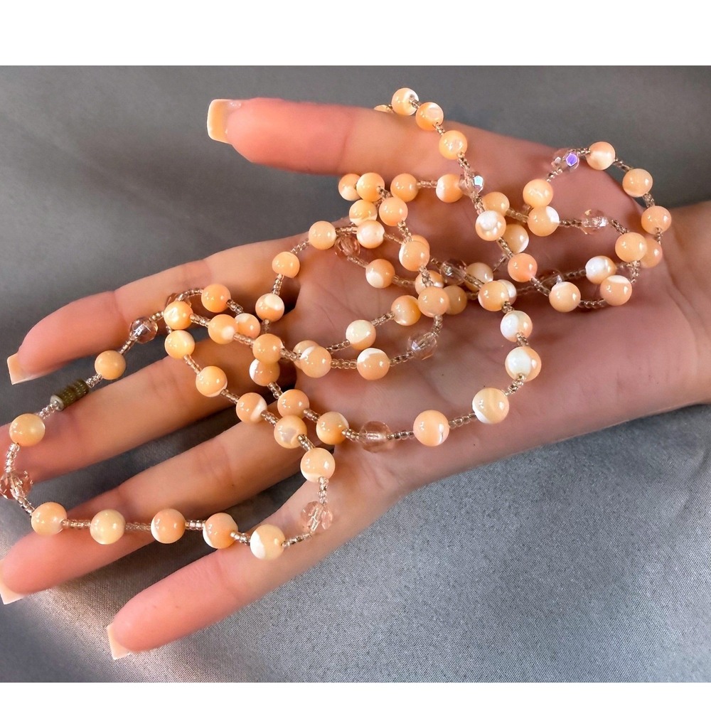 Vintage 40" Peach Slag Glass Flapper Opera Necklace Beads Barrel Clasp MCM